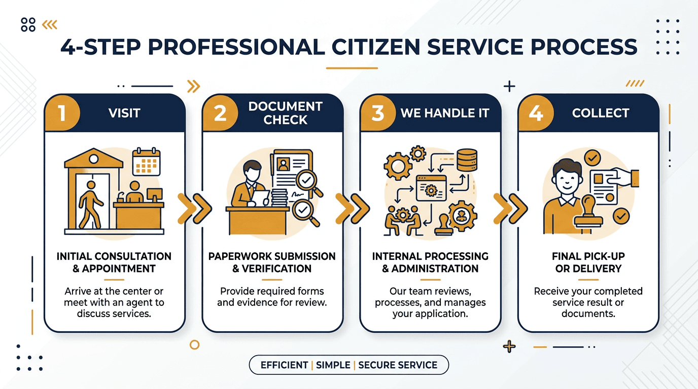Four step process - visit, document check, we handle it, collect